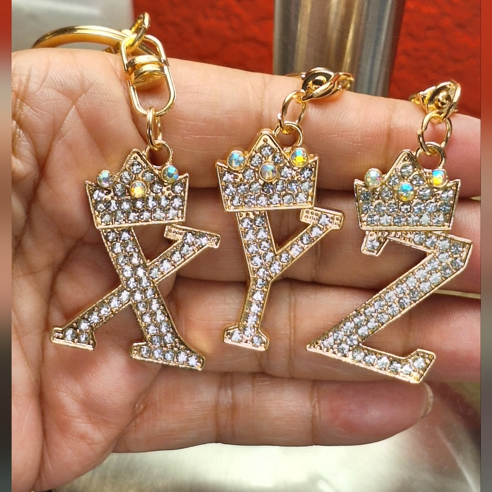 Choose 1pc, Alphabet With Crown and Rhinestones Bag Charm - Picture 8 of 12